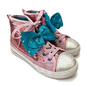 JoJo Siwa Pink Sequin Blue Polka Dot Bow Lace Up Shoes High Top Sneakers Girl 3